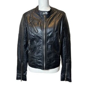 Ci Sono by Cavalini Biker Jacket Black Faux Leather Quilted Zippers Size Large
